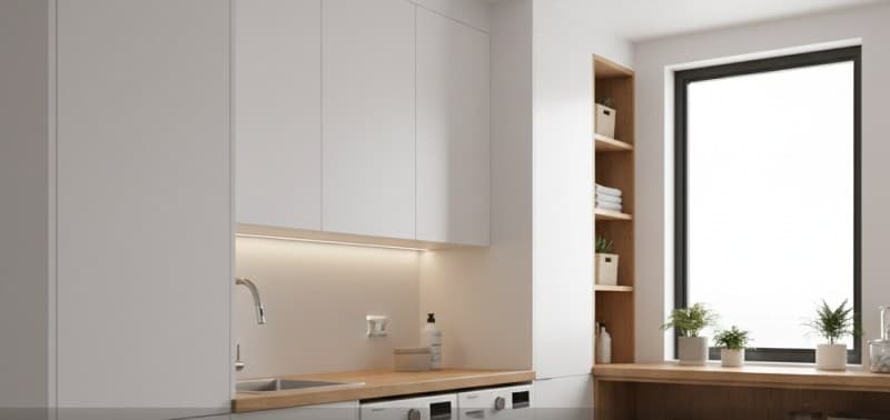 Laundry room render with glossy cabinets and daylight