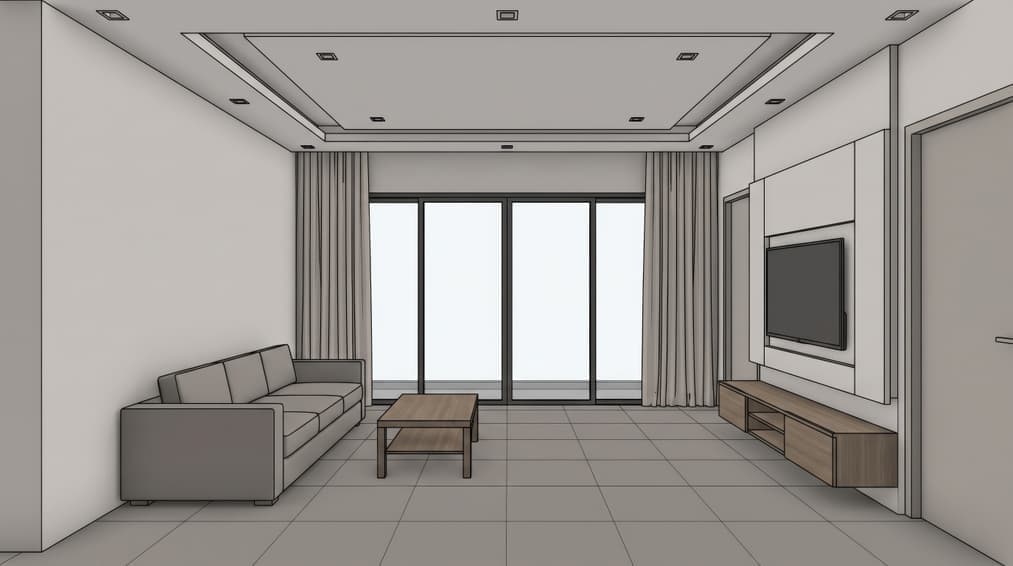 Untextured Revit view of a living room