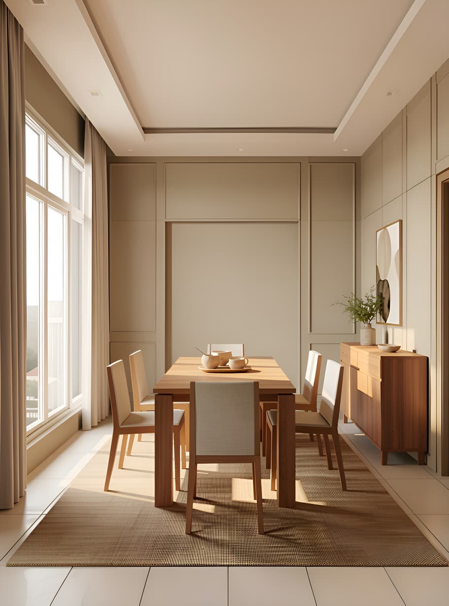 Dining nook rendered in the Warm Minimal style