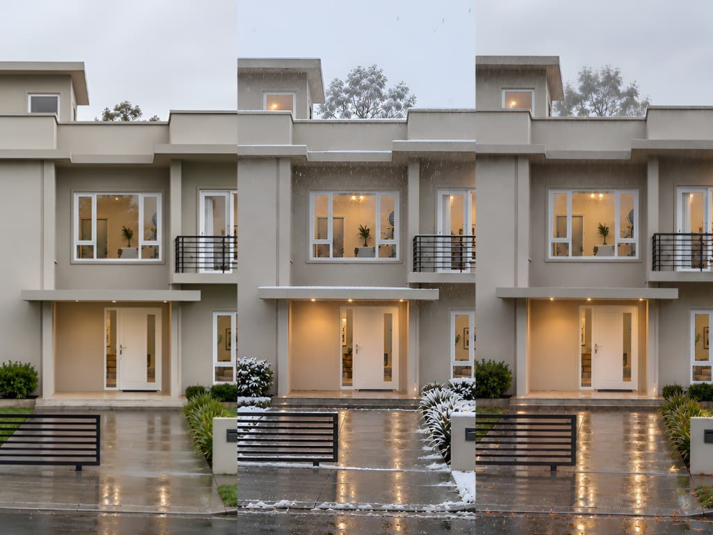 The same house rendered in three different weather conditions