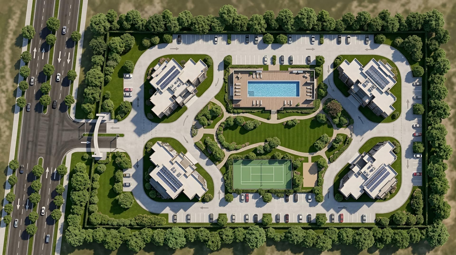 Top-down site plan rendering of four residential buildings around a pool, tennis court and landscaped gardens