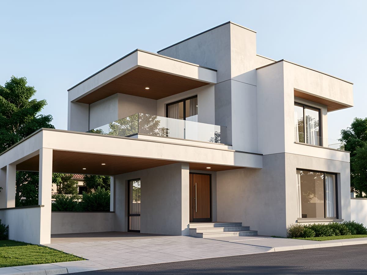 Modern two-storey house rendered from a hand sketch, with white render walls, timber soffits, a glass balcony and a carport