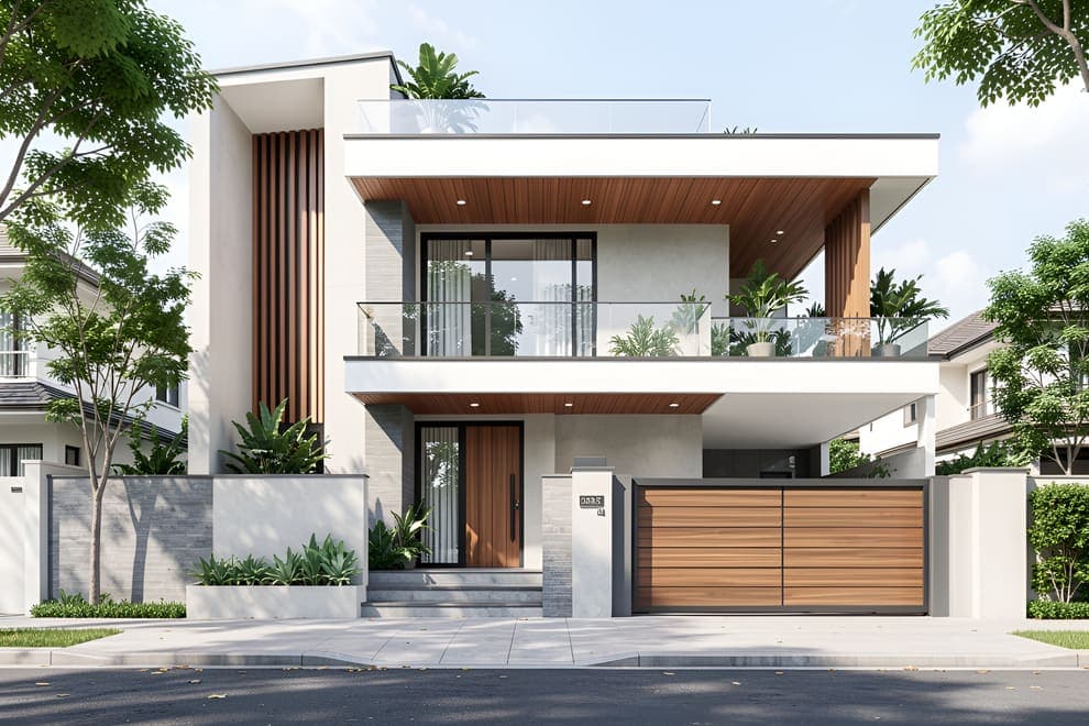 Photorealistic render of the same house with white walls, timber soffits and a landscaped front