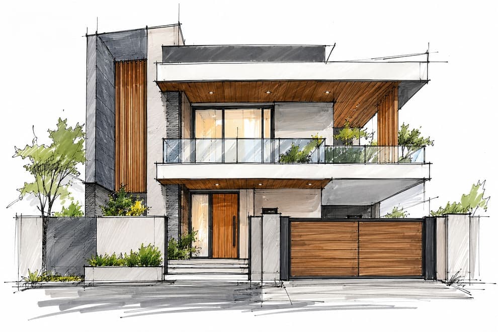 Marker sketch of a modern two-storey house with timber slats, a glass balcony and a wooden gate