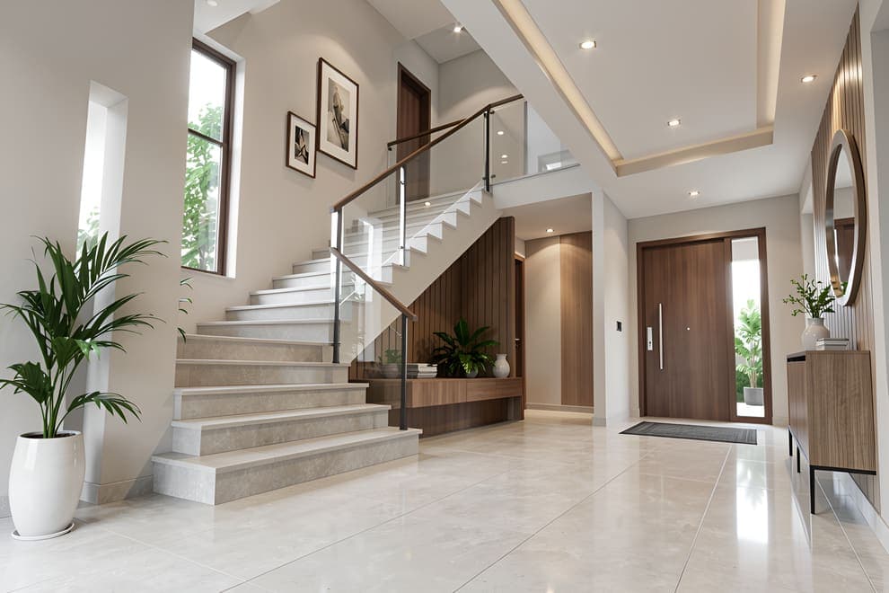 Photorealistic render of the same entrance hall with marble floors, a glass-railed staircase and walnut panelling