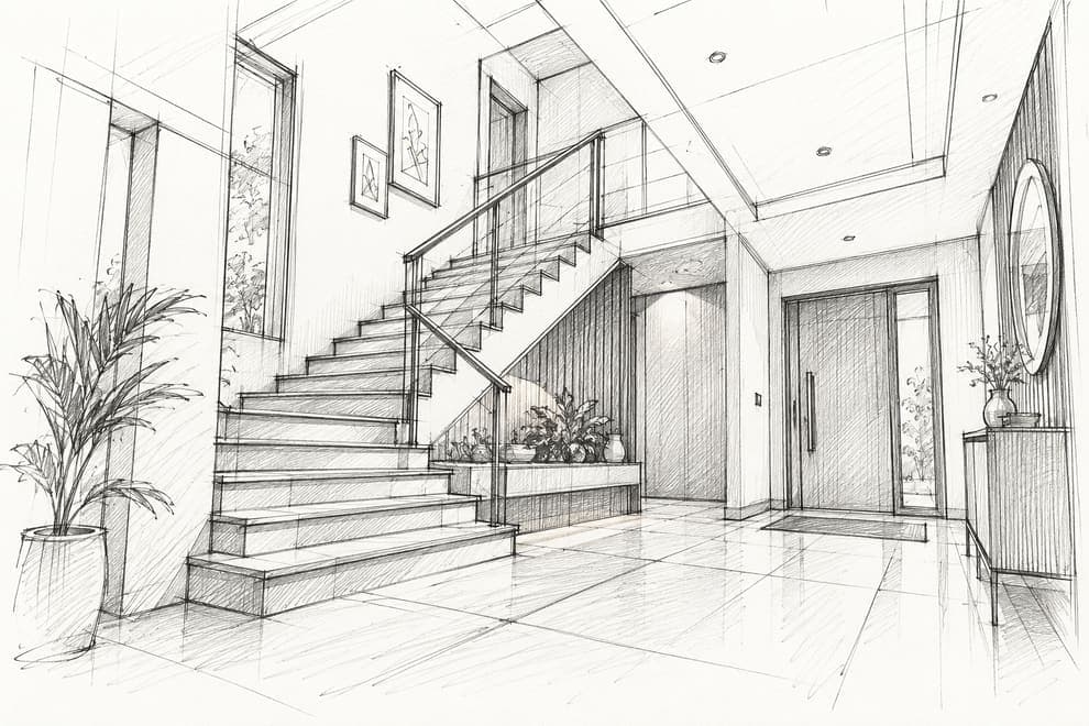 Pencil sketch of an entrance hall with a glass-railed staircase, timber panelling and a front door