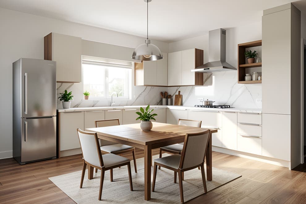 Photorealistic render of the same kitchen with white cabinets, marble backsplash and a timber dining table