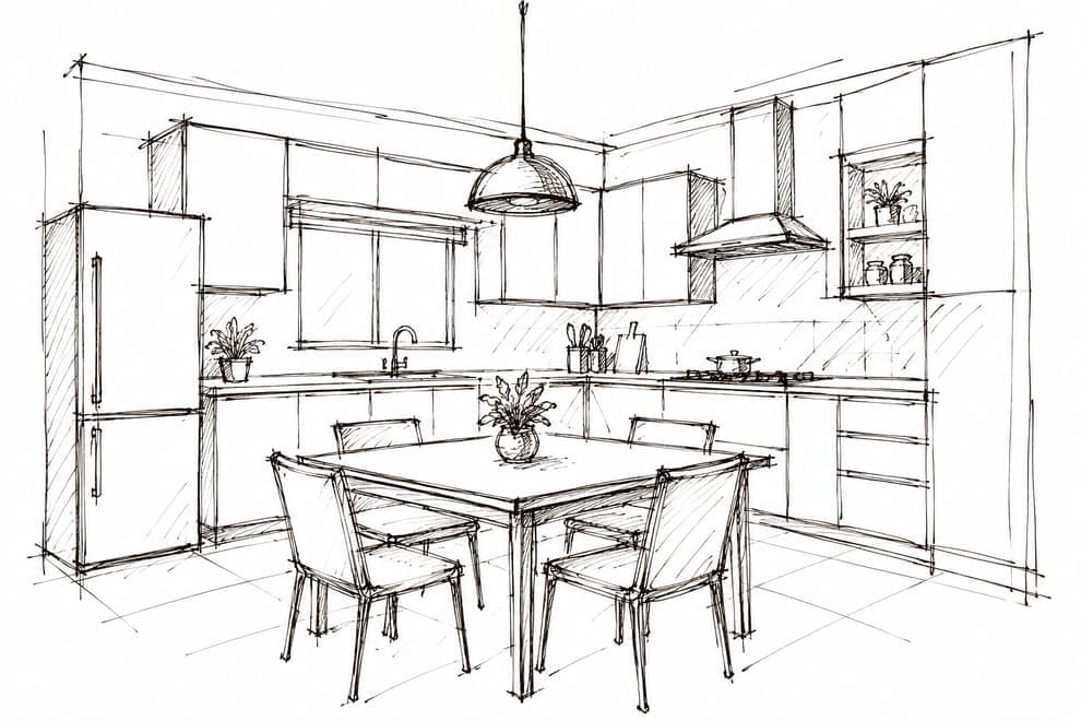 Ink napkin sketch of a kitchen with an L-shaped counter and a dining table for four