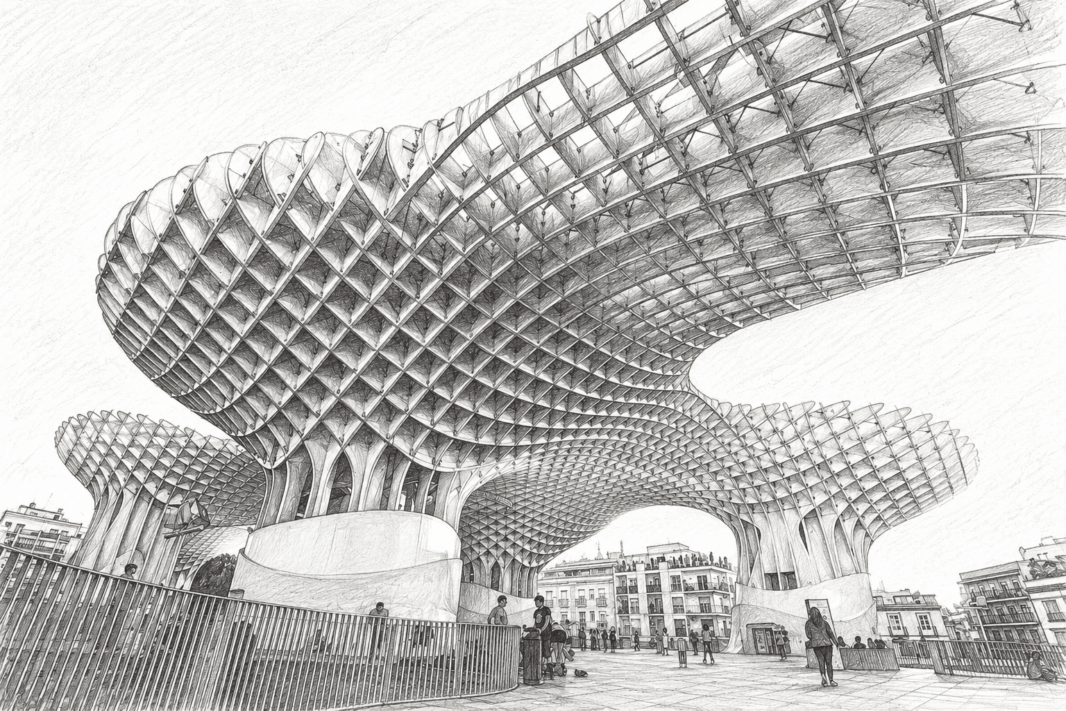 Pencil sketch of a curving lattice canopy over a city plaza