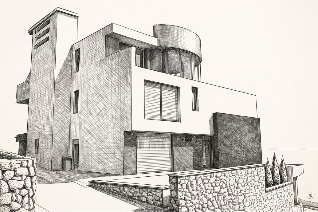 Pencil sketch of a modern house with a stone wall