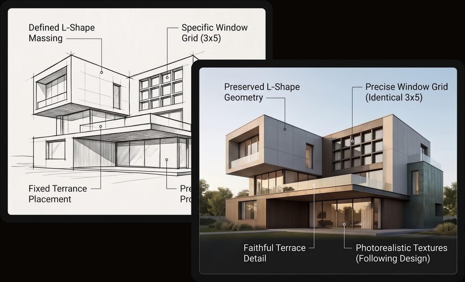 Line sketch of a house beside its render, with matching details labelled