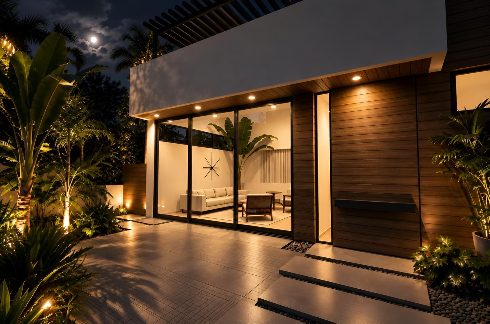 Night render of a house terrace with warm lighting and planting