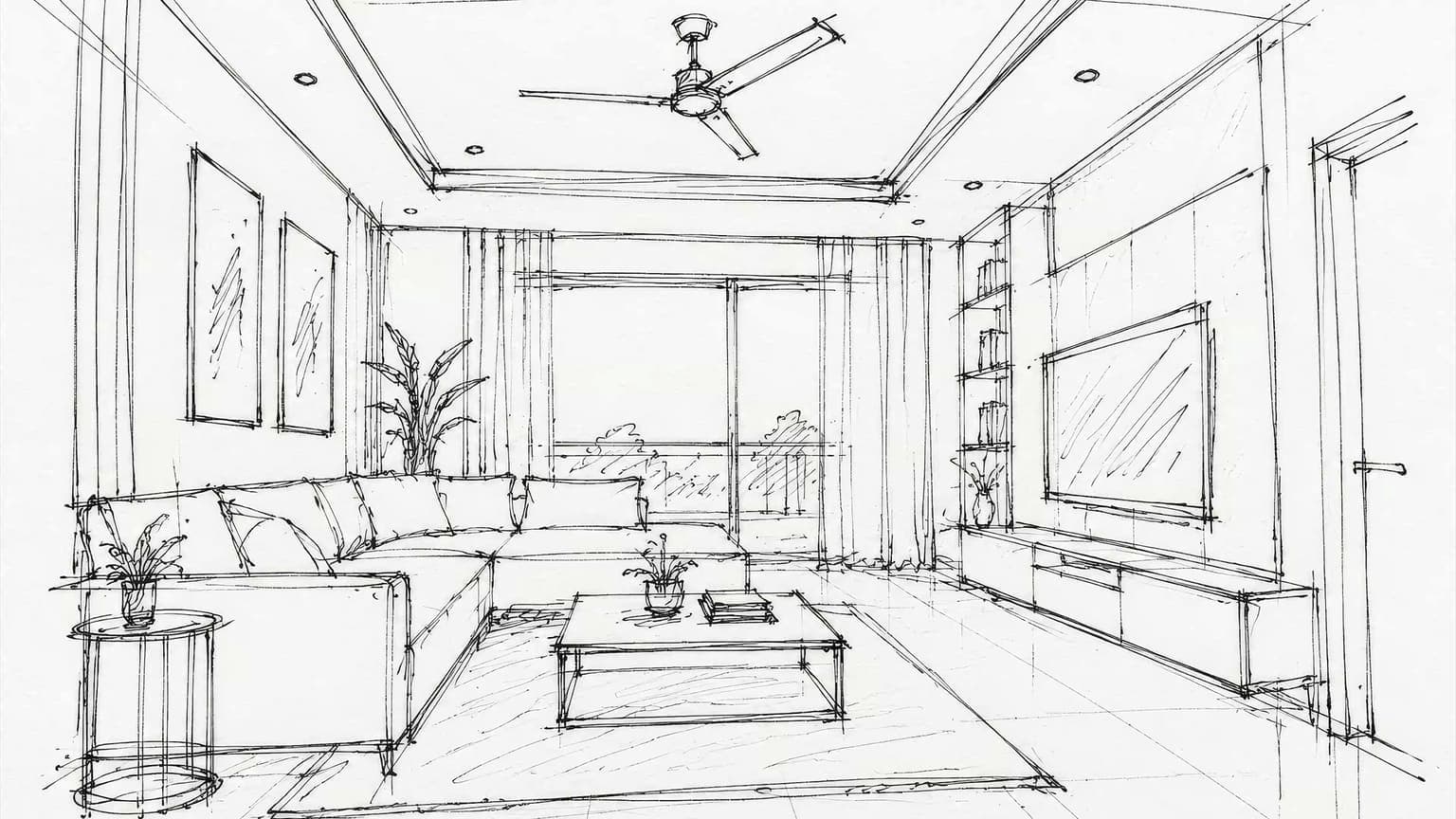 Hand-drawn ink sketch of a living room with an L-shaped sofa, a coffee table, a TV wall and a ceiling fan