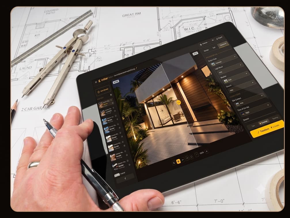 Hand holding a tablet showing a house render over architectural blueprints