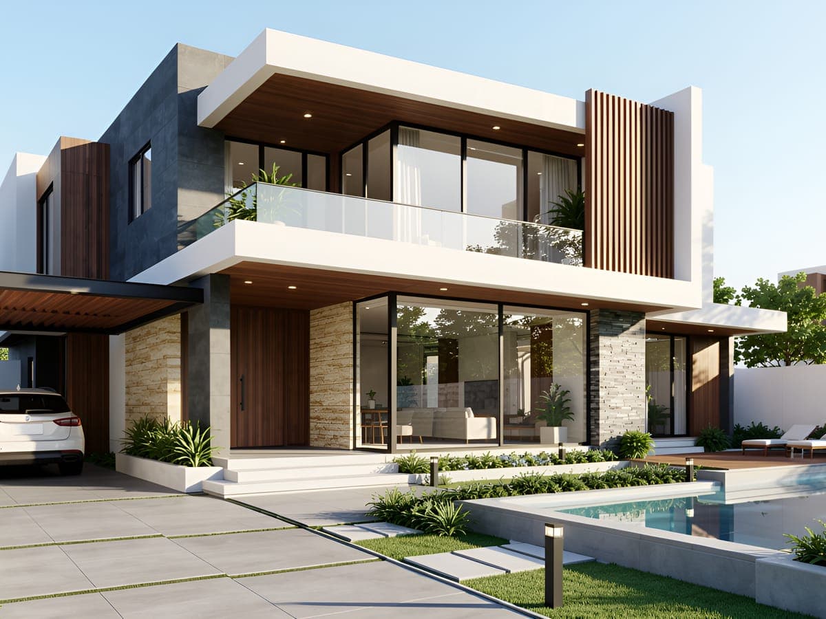 Modern two-storey house rendered from a SketchUp model, with stone and timber cladding, glass balconies, a carport and a pool