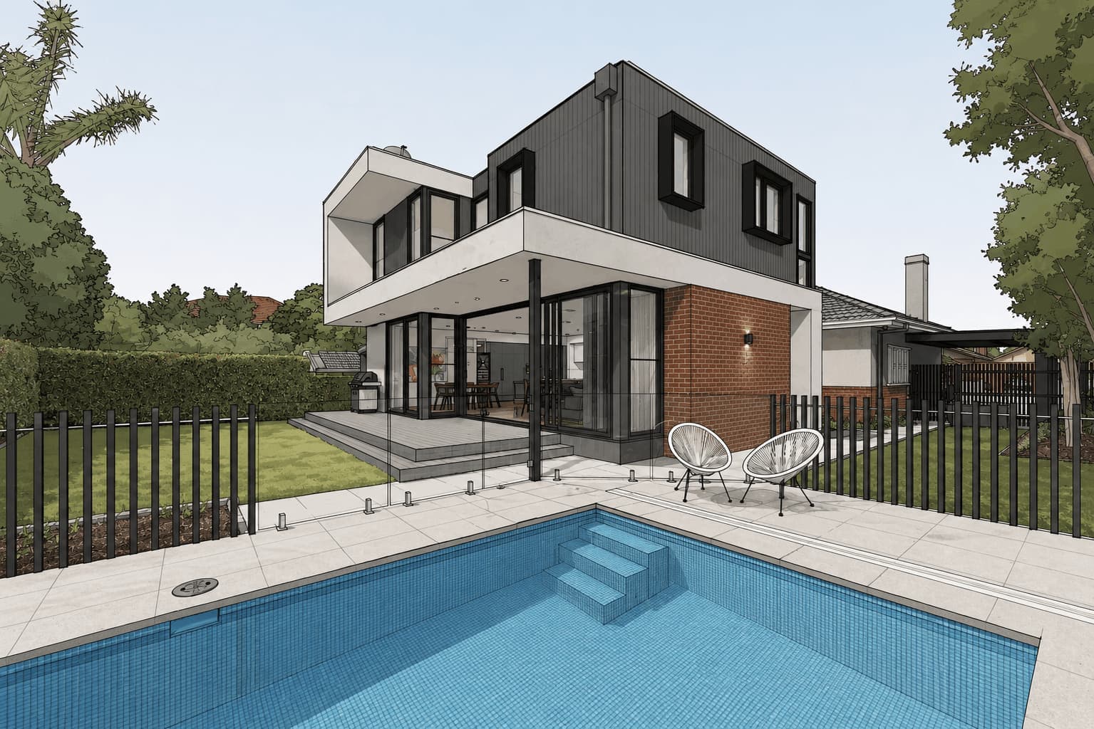 SketchUp model of a modern house with a pool, rendered by Intker's AI rendering software