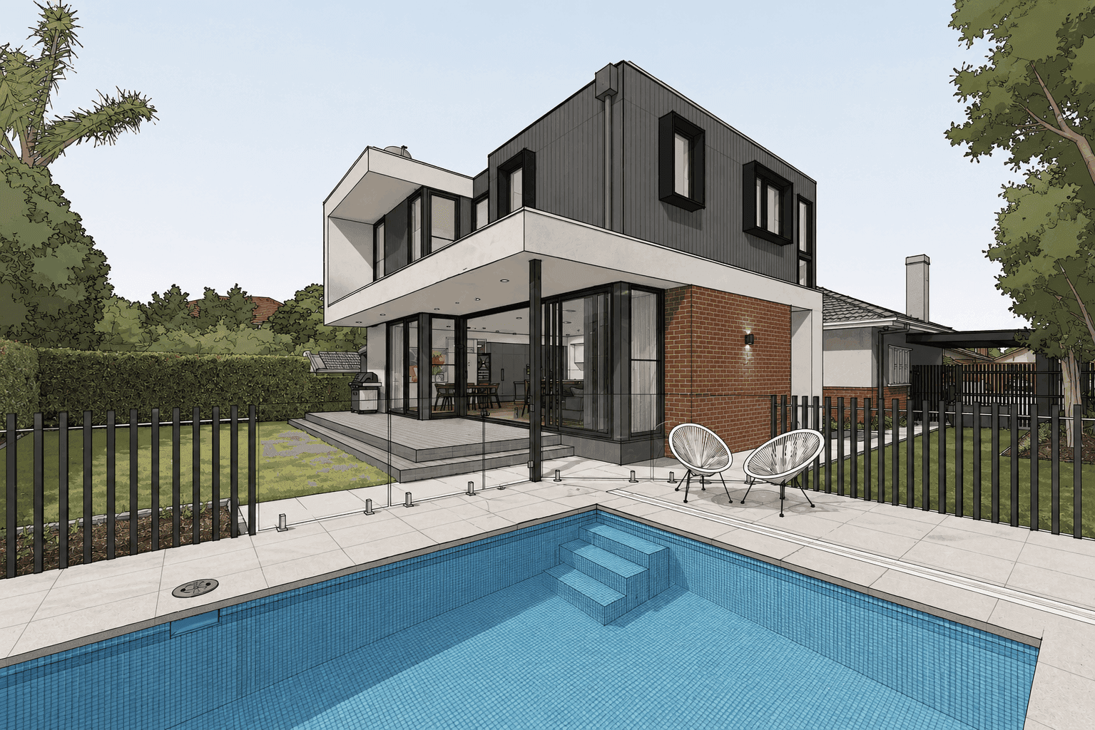 Raw SketchUp viewport of the same house and pool, with flat materials and default shadows