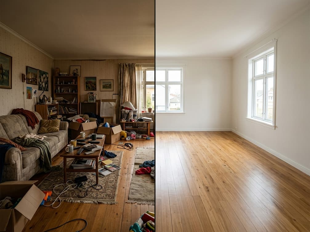 A cluttered living room beside the same room cleared and empty