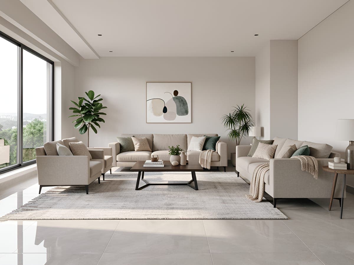 Empty living room virtually staged with beige sofas, a wooden coffee table, a rug, plants and wall art