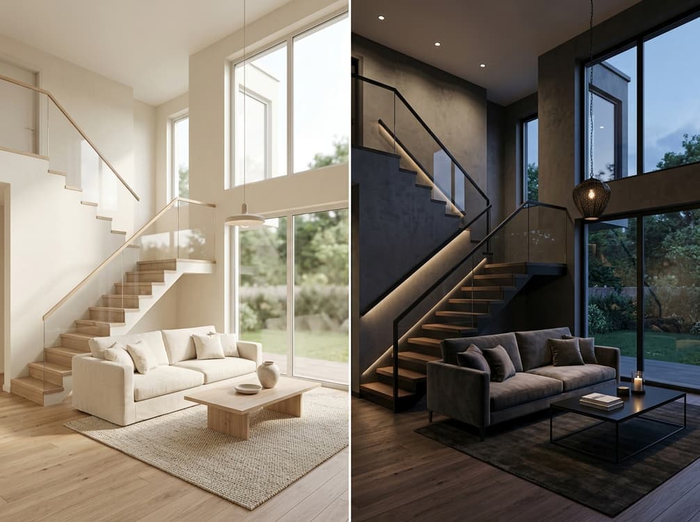 The same double-height living room in a light and a dark design