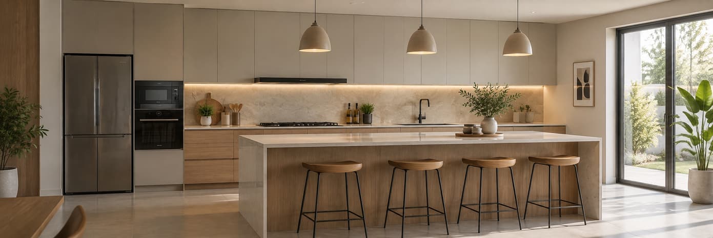 Kitchen with a long island, bar stools and pendant lights