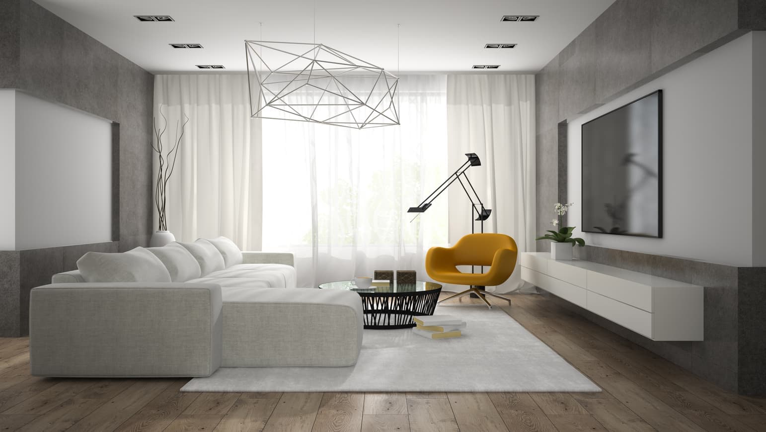 Living room with a white sectional sofa and a yellow accent chair