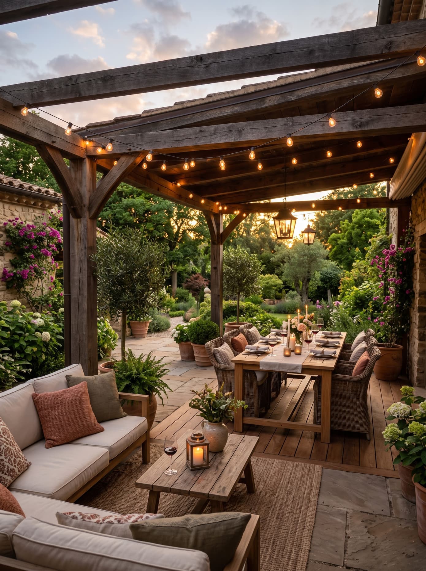 Pergola patio with string lights, lounge seating and dining