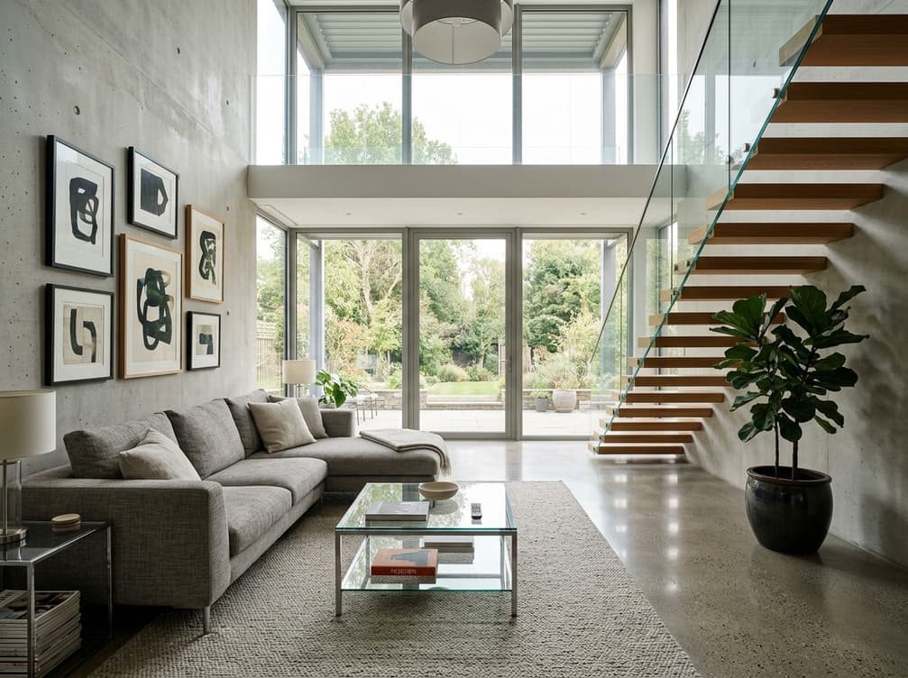 Double-height loft living room staged with a sectional sofa and artwork