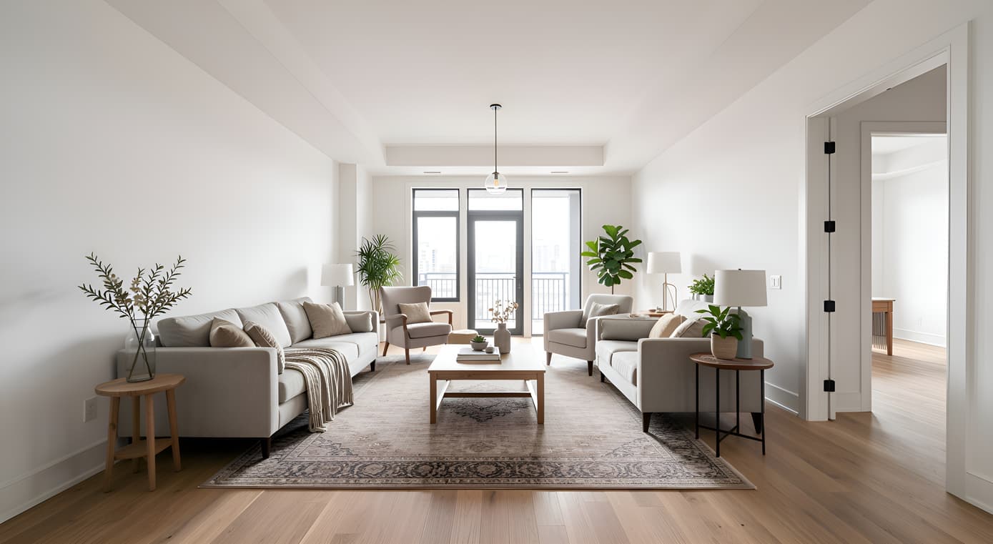 The same living room virtually staged with a sofa, rug and decor
