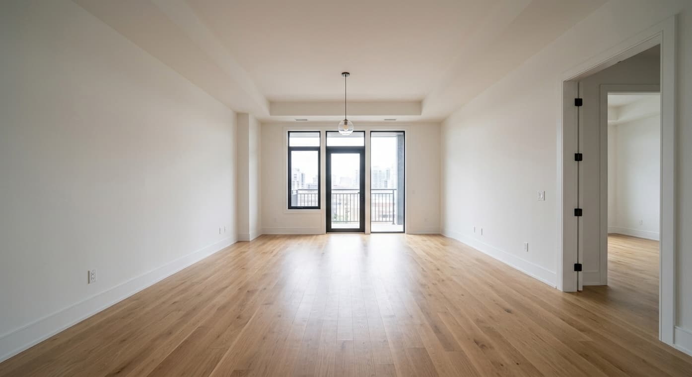 Empty living room with wood floors and French doors