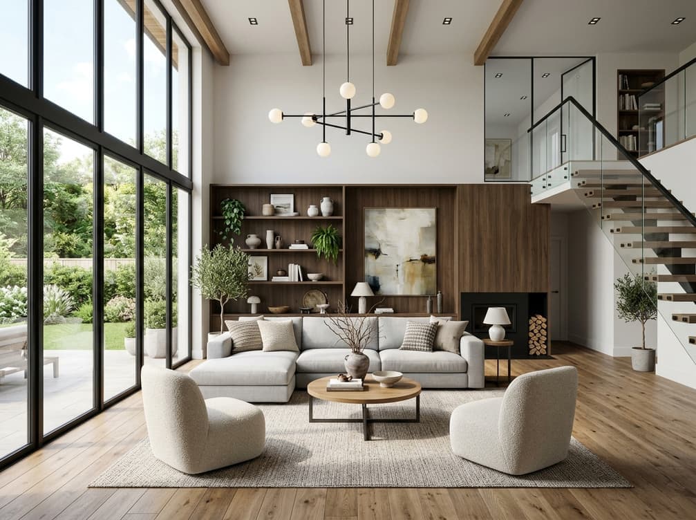 Staged loft living room with a staircase and large windows