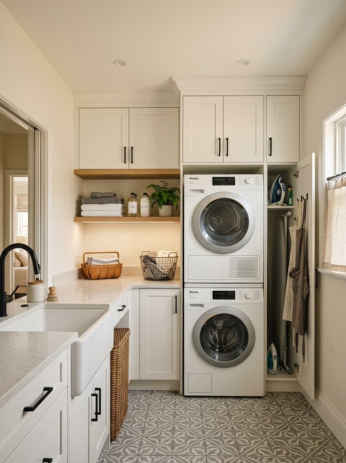 Laundry room with a stacked washer and dryer and white cabinets
