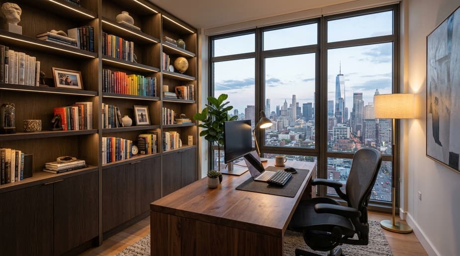 Home office with a desk facing a city skyline