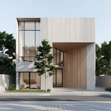 Two-storey house rendered in a modern style with white and stone cladding