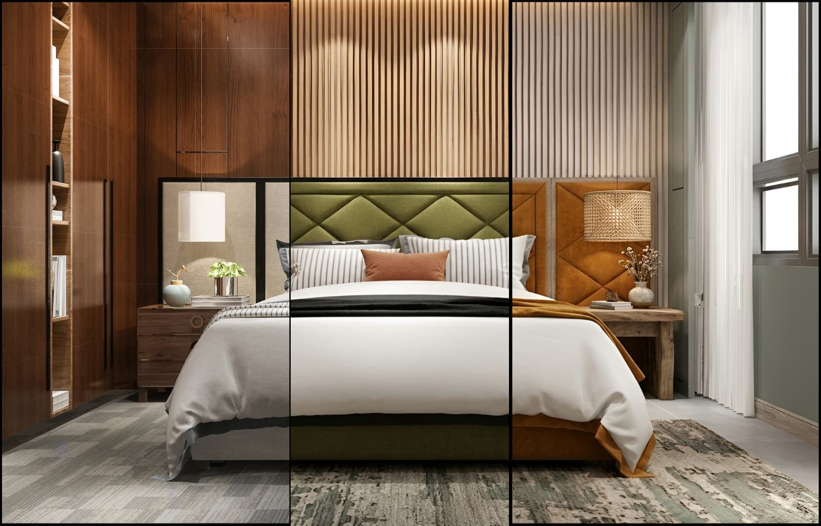 The same bedroom shown in three different design styles side by side