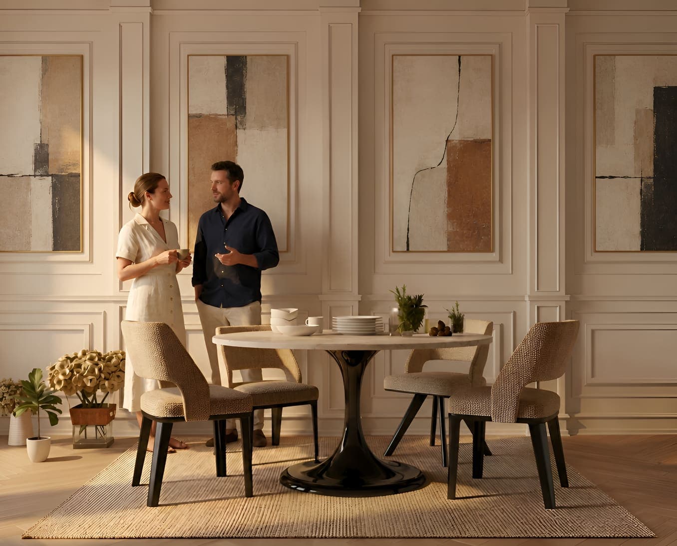 The same dining nook restyled with warm decor and a couple at the table