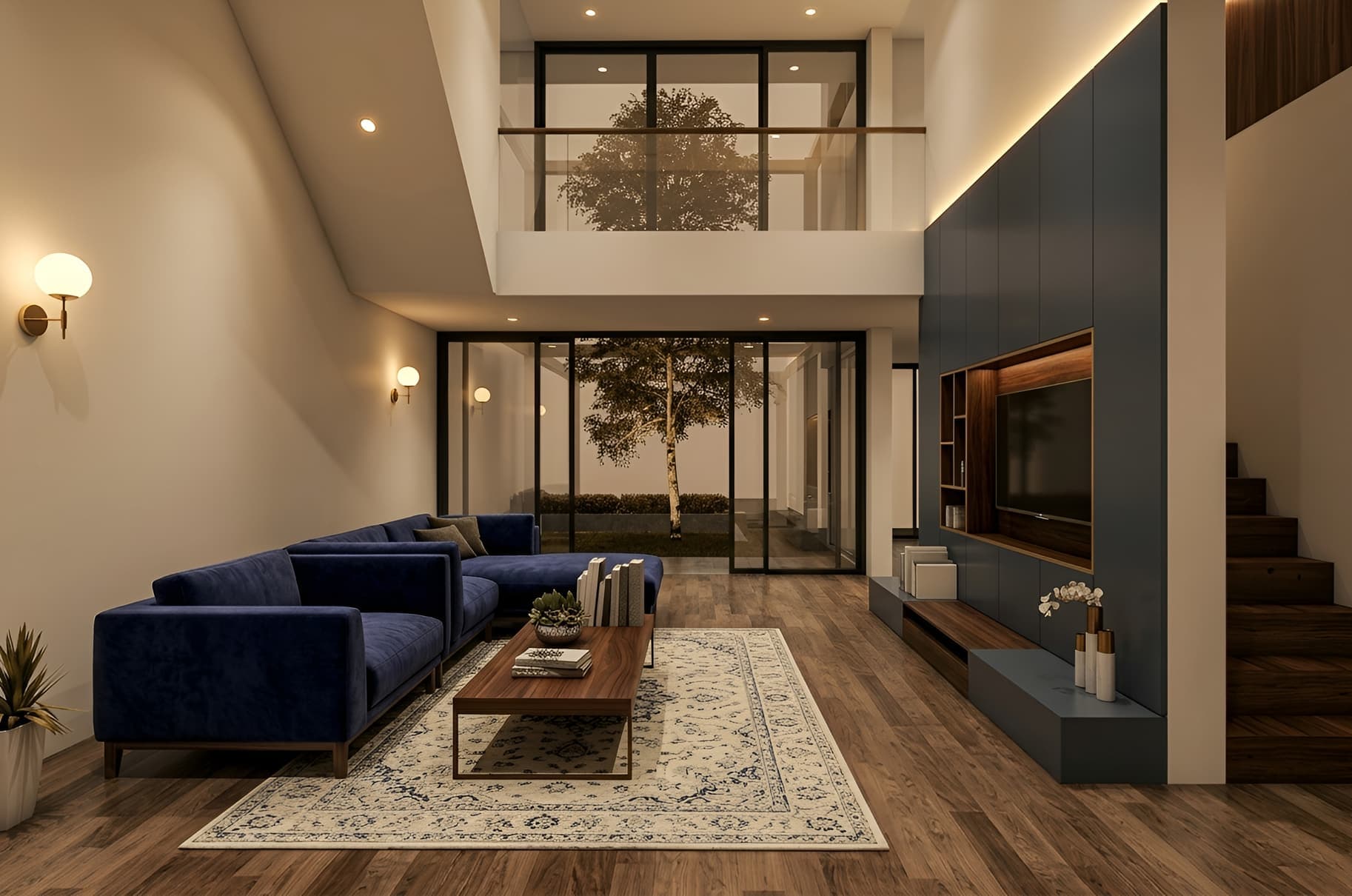 Double-height living room with a navy sofa and a staircase