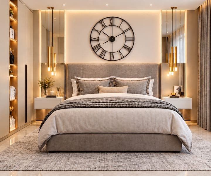 The bedroom restyled after the reference, with a large wall clock above an upholstered bed and warm pendant lighting