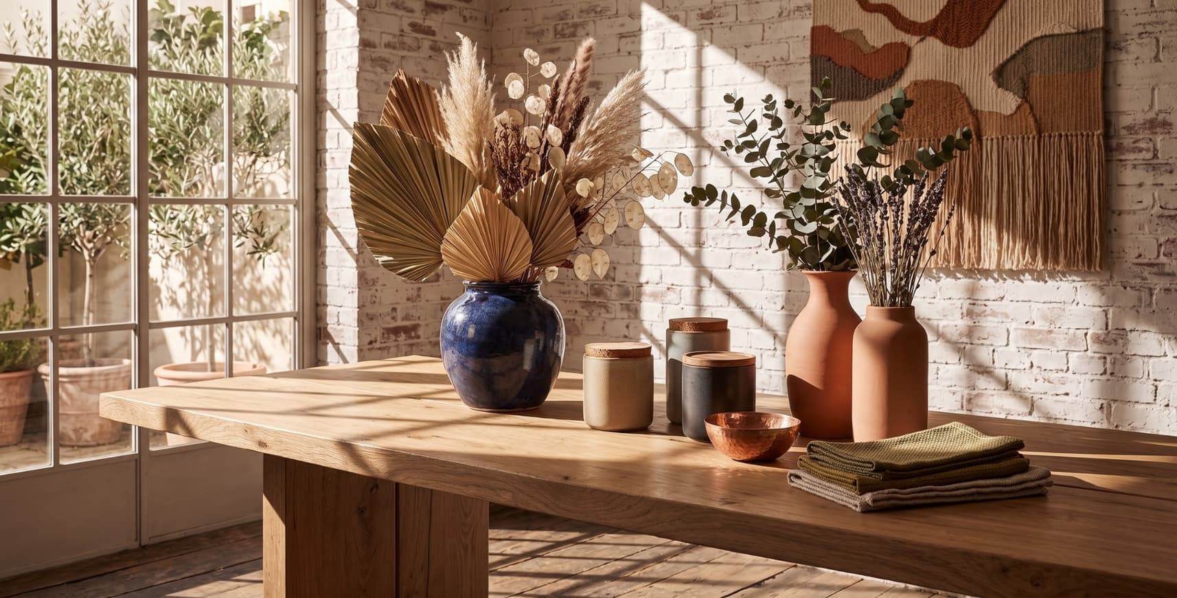 Sunlit timber table with a blue vase, clay vessels and dried flowers