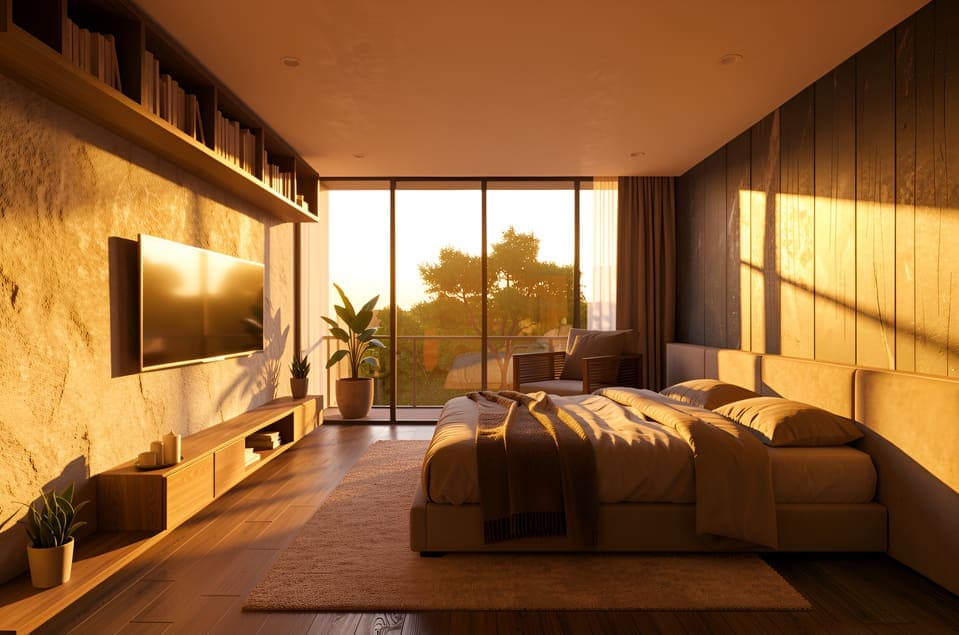Finished bedroom render in warm golden-hour light