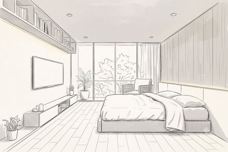 Line sketch of a bedroom uploaded as the starting design