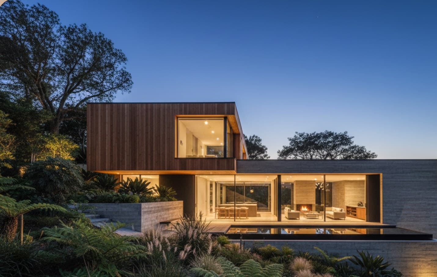 Timber-clad modern house with glowing interiors at dusk
