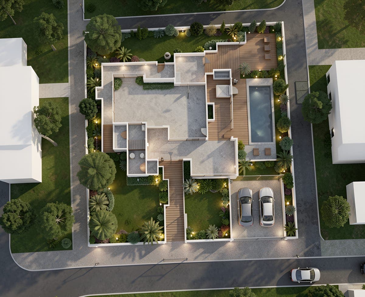 Rendered site plan with a pool, timber decking, gardens and parking