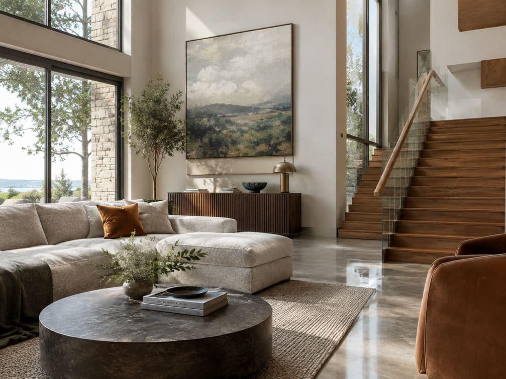 Double-height living room render with realistic concrete, glass and fabric