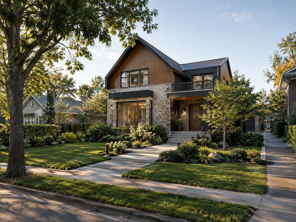 Exterior render of a modern house set within trees, lawn and a sidewalk