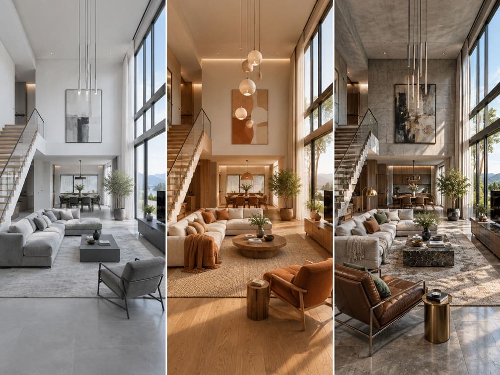Three style variations of the same double-height living room render