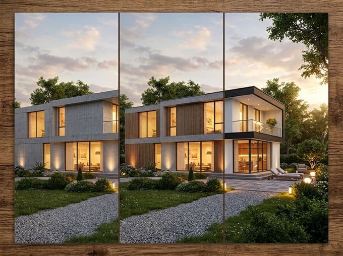 Three material and lighting variations of the same modern house