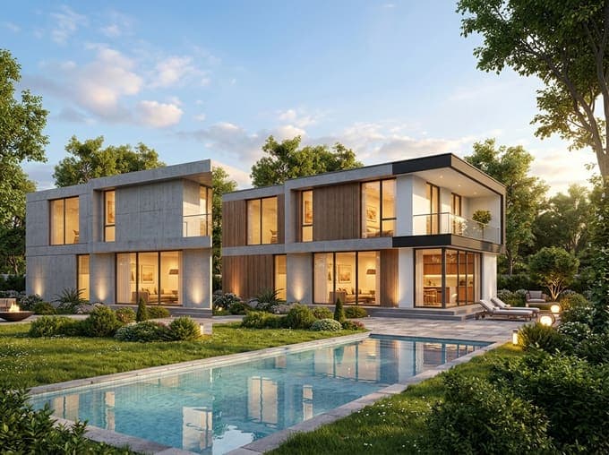 Two render variations of a modern house beside a pool