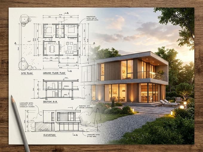 Floor plans turned into a photorealistic render of a modern house at dusk