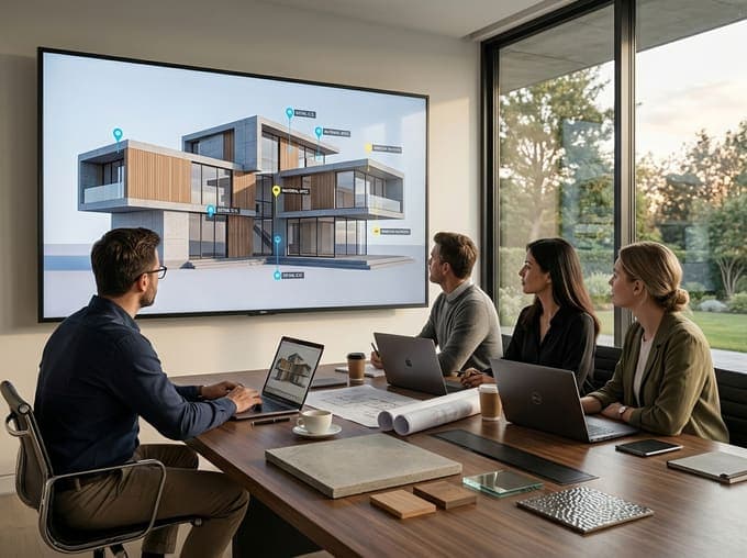 Architects reviewing a 3D render of a building on a large screen